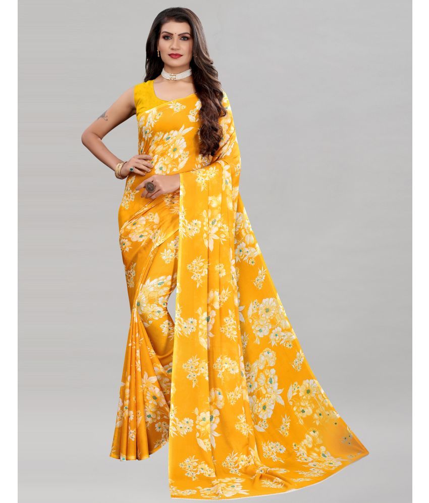     			Samah Georgette Printed Saree With Blouse Piece - Yellow ( Pack of 1 )