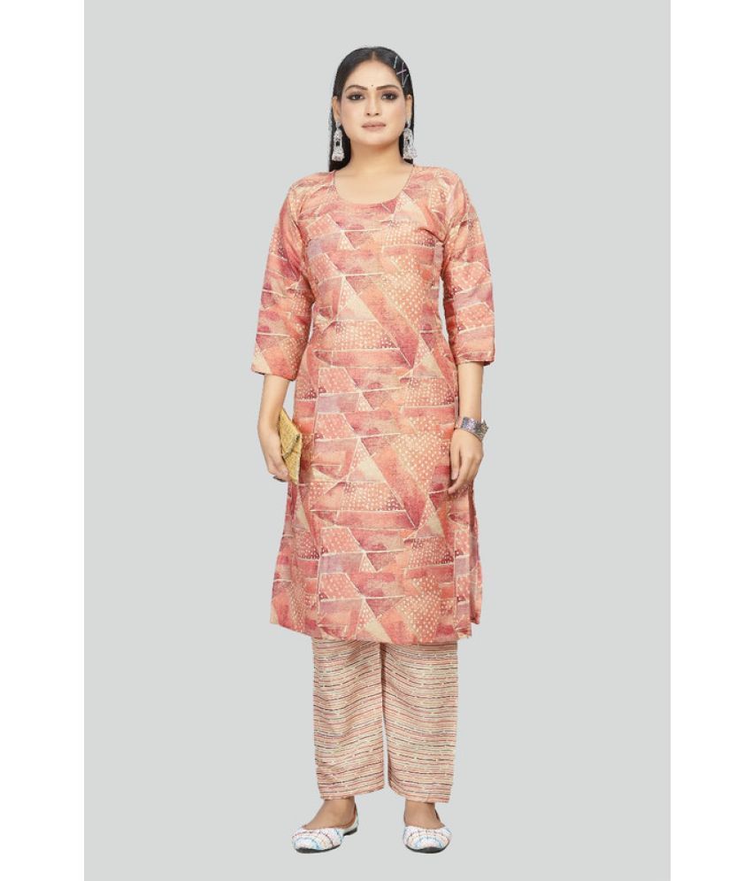     			Sanjana Silks Cotton Blend Printed Straight Women's Kurti - Peach ( Pack of 1 )