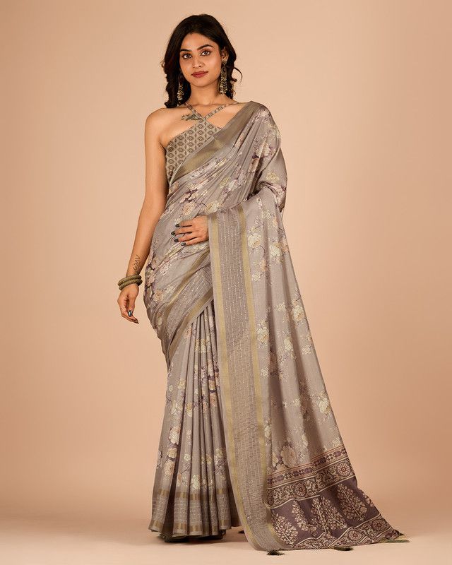     			Sanjana Silks Cotton Blend Printed Saree With Blouse Piece - Cream ( Pack of 1 )