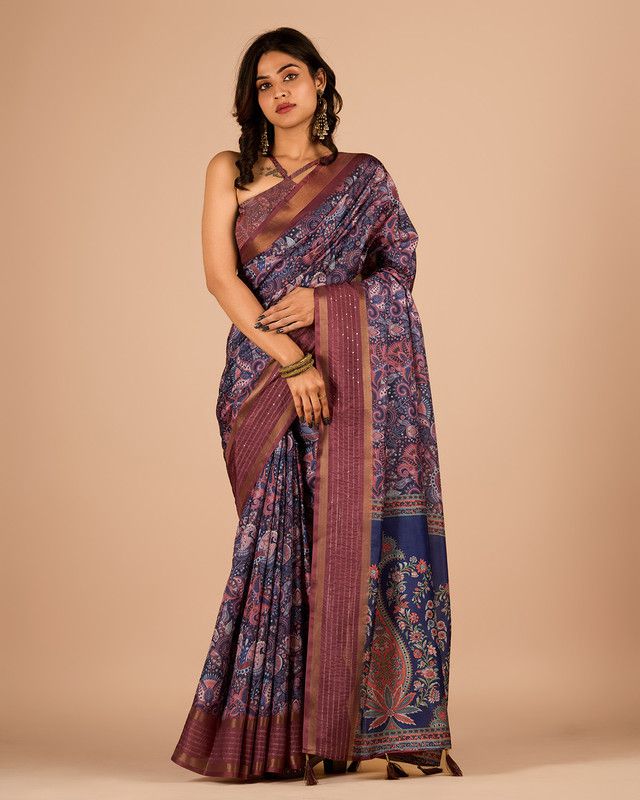     			Sanjana Silks Cotton Blend Printed Saree With Blouse Piece - Navy Blue ( Pack of 1 )