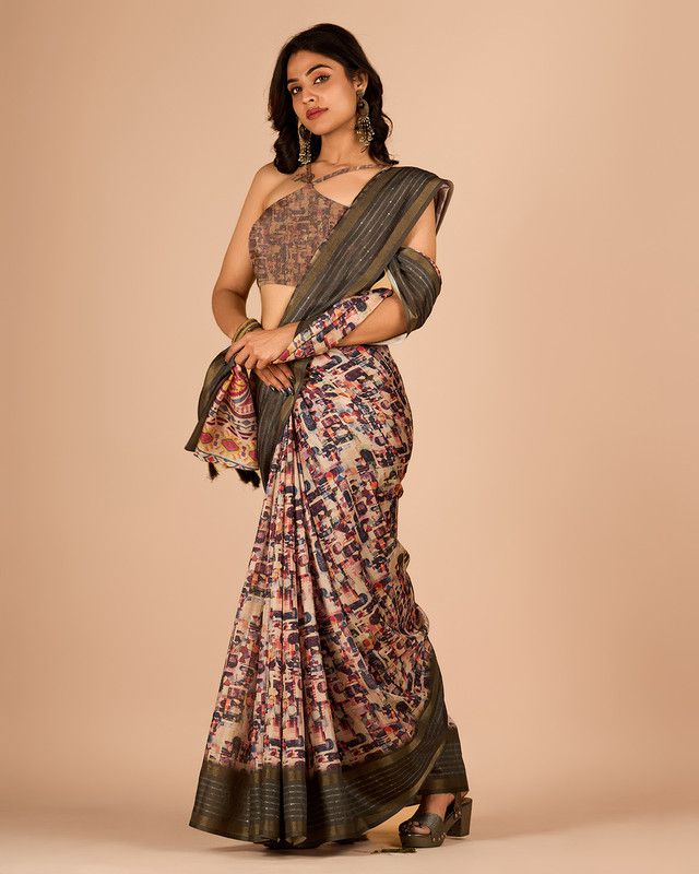     			Sanjana Silks Cotton Blend Printed Saree With Blouse Piece - Beige ( Pack of 1 )