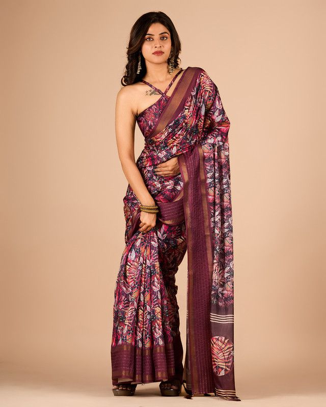     			Sanjana Silks Cotton Blend Printed Saree With Blouse Piece - Wine ( Pack of 1 )