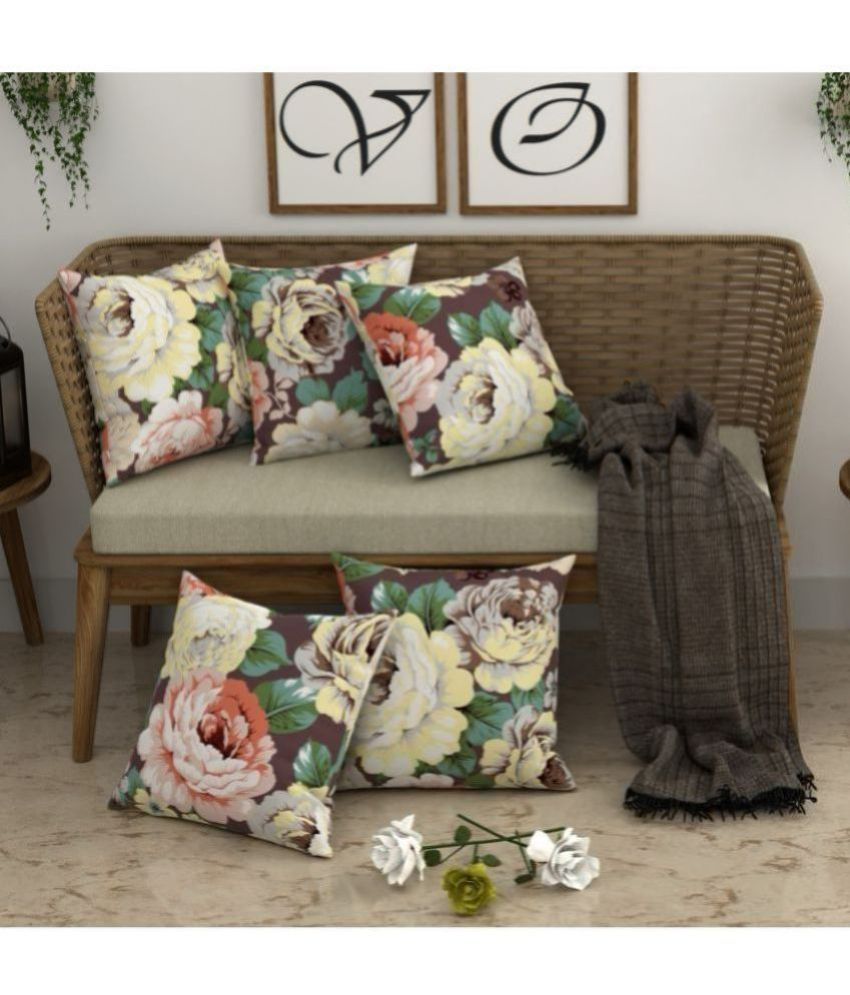     			chhavi india Set of 5 Cotton Floral Square Cushion Cover (40X40)cm - Brown