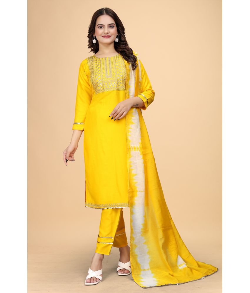     			Kandora Rayon Embroidered Kurti With Pants Women's Stitched Salwar Suit - Yellow ( Pack of 1 )