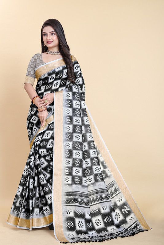     			Sanwariya Silks Linen Printed Saree With Blouse Piece - Black ( Pack of 1 )