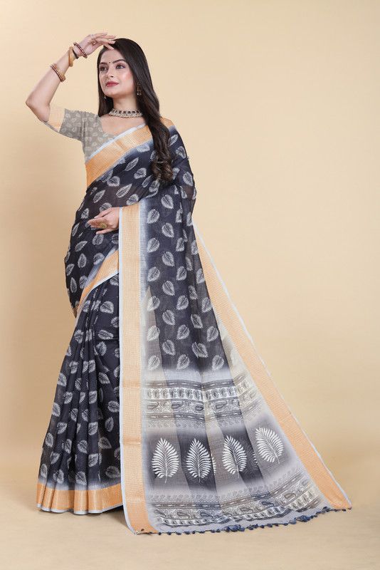     			Sanwariya Silks Linen Printed Saree With Blouse Piece - White ( Pack of 1 )