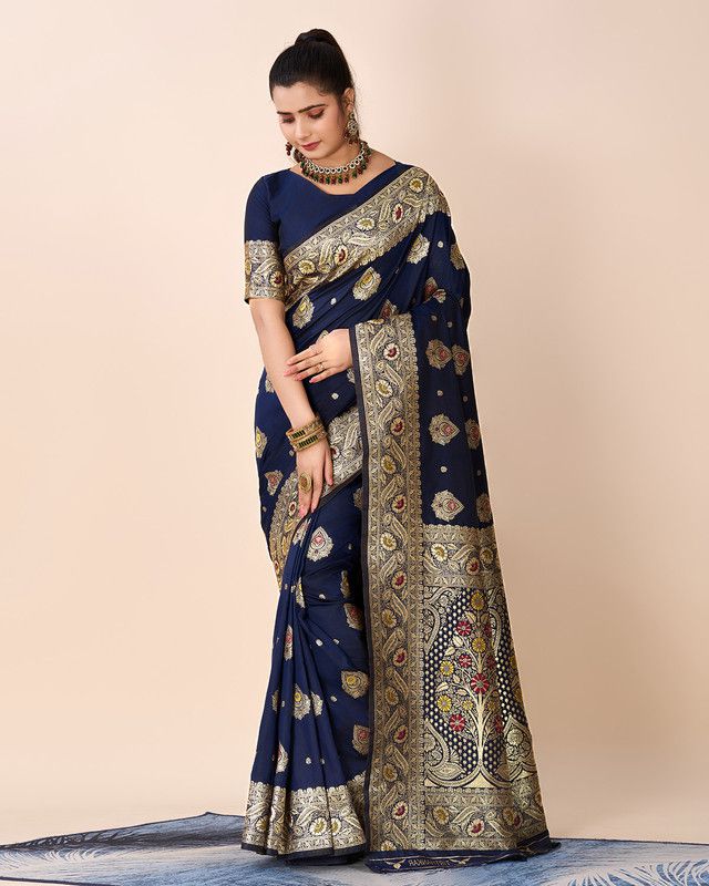     			Sanwariya Silks Silk Embellished Saree With Blouse Piece - Navy Blue ( Pack of 1 )