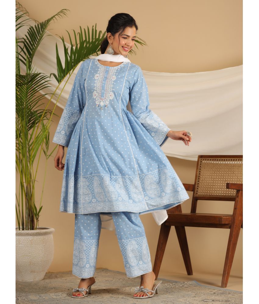     			Juniper Cotton Printed Kurti With Palazzo Women's Stitched Salwar Suit - Blue ( Pack of 1 )
