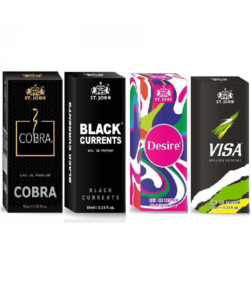     			St. John Black Current,Cobra,Desire & Essence Pocket Perfume for Men 10 ml ( Pack of 4 )