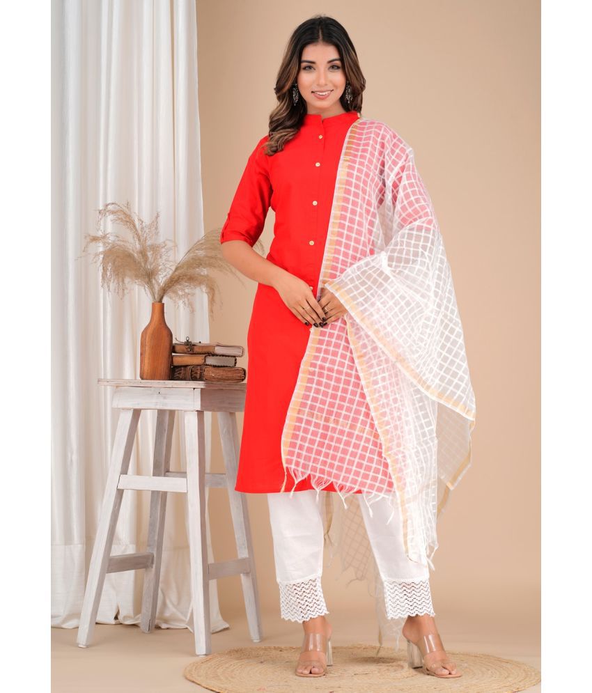     			CANVIR Cotton Solid Kurti With Pants Women's Stitched Salwar Suit - Red ( Pack of 1 )