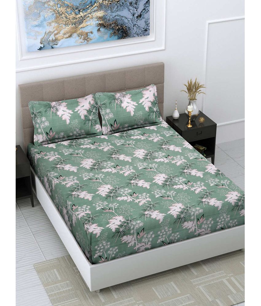     			FABINALIV Poly Cotton Floral 1 Double King Size Bedsheet with 2 Pillow Covers - Green