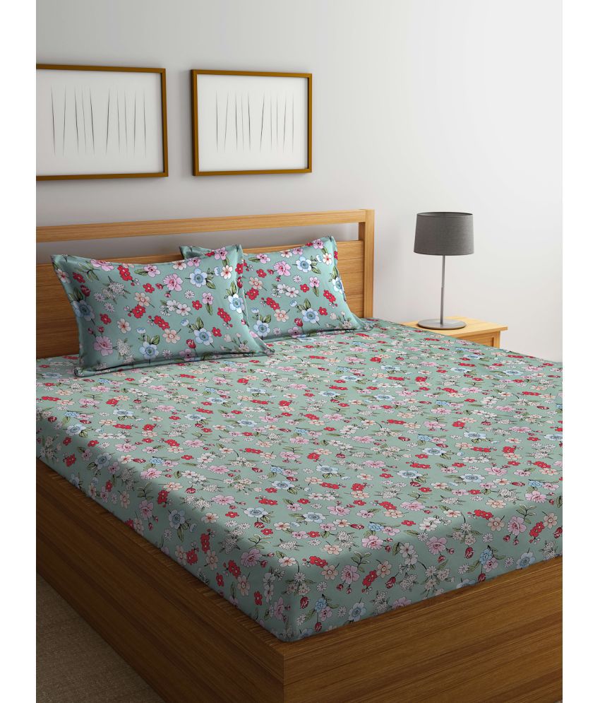     			FABINALIV Poly Cotton Floral 1 Double King Size Bedsheet with 2 Pillow Covers - Teal
