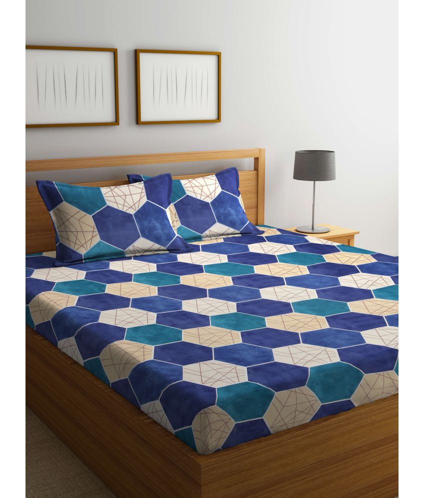     			FABINALIV Poly Cotton Geometric 1 Double King Size Bedsheet with 2 Pillow Covers - Dark Blue