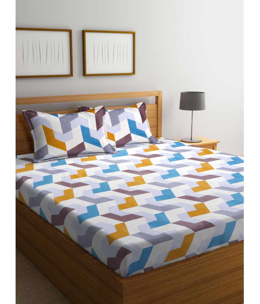     			FABINALIV Poly Cotton Geometric 1 Double King Size Bedsheet with 2 Pillow Covers - Off White