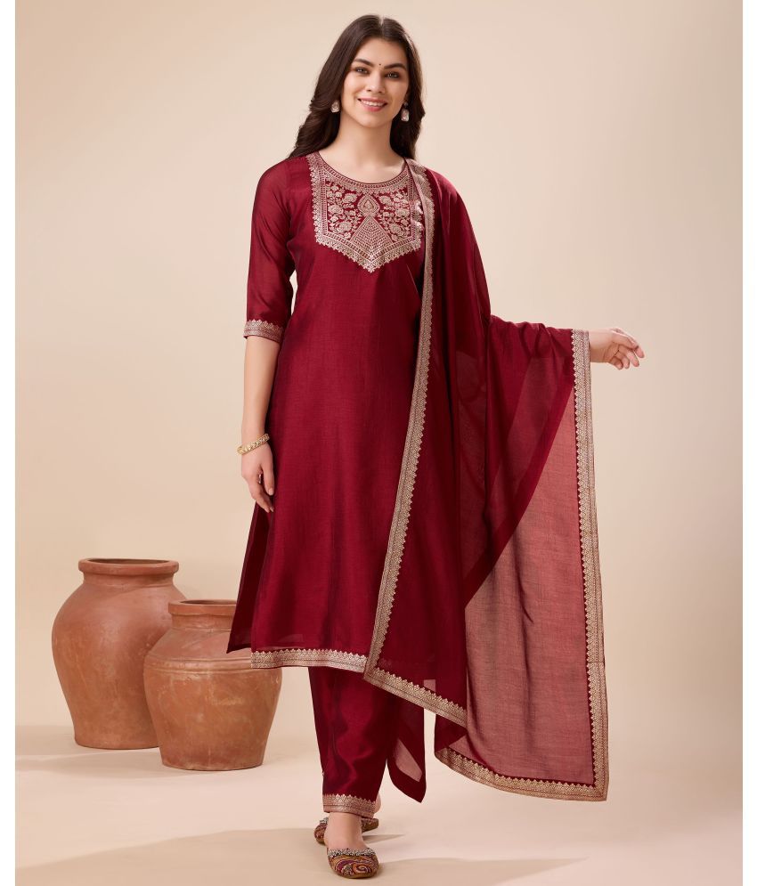     			MOJILAA Silk Self Design Kurti With Pants Women's Stitched Salwar Suit - Maroon ( Pack of 1 )