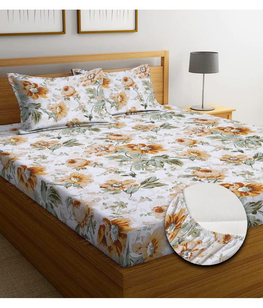     			SHOMES Cotton Floral Fitted 1 Bedsheet with 2 Pillow Covers ( Double Bed ) - Cream