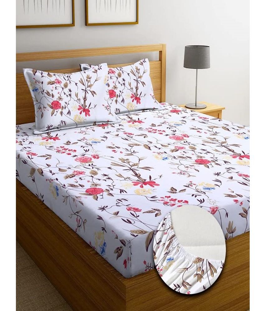     			SHOMES Cotton Floral Fitted 1 Bedsheet with 2 Pillow Covers ( Double Bed ) - White