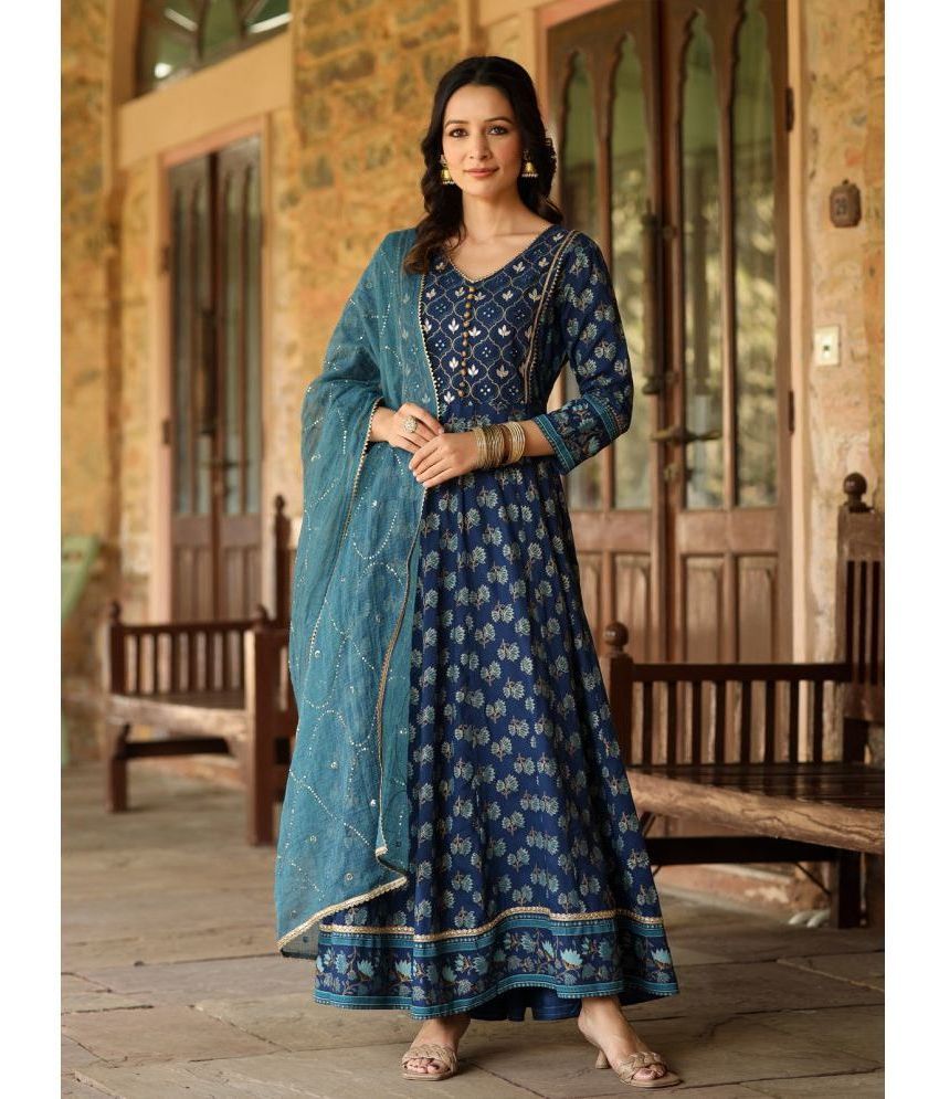     			AMIRA'S INDIAN ETHNICWEAR Cotton Embroidered Anarkali Women's Kurti with Dupatta - Blue ( Pack of 2 )