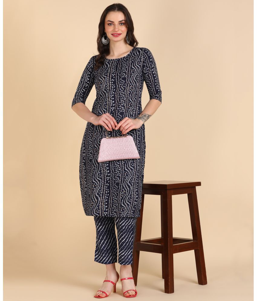     			DSK STUDIO Cotton Blend Printed Kurti With Pants Women's Stitched Salwar Suit - Navy Blue ( Pack of 1 )