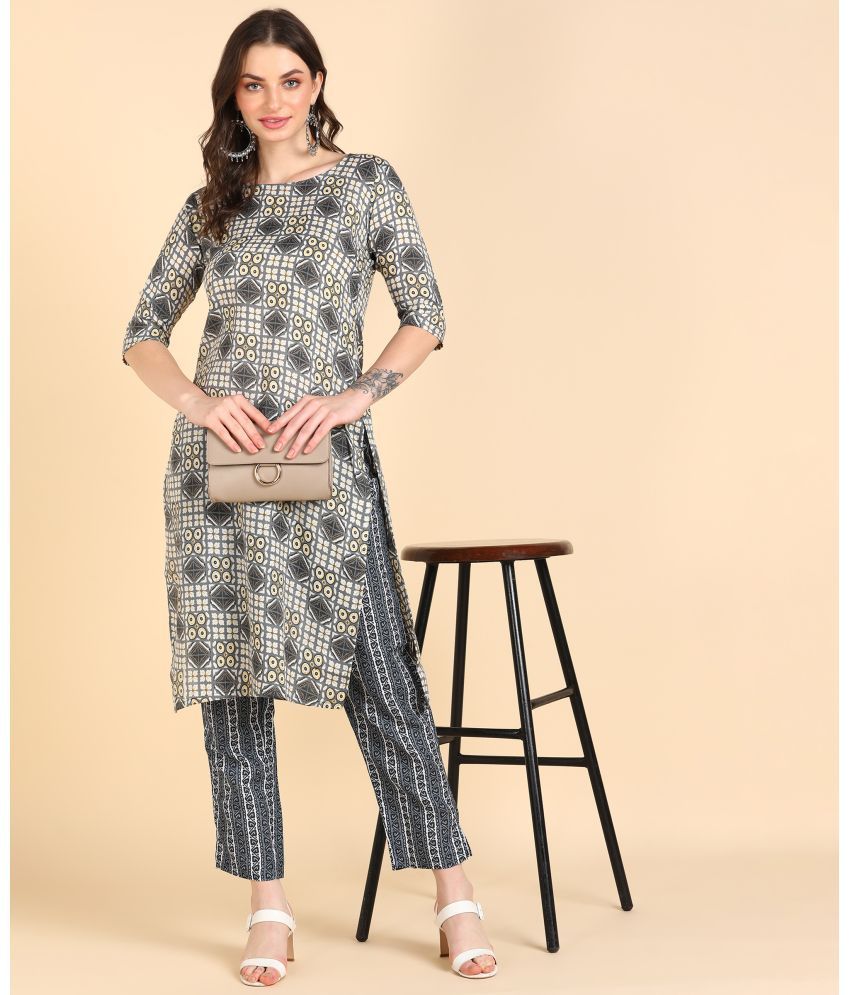     			DSK STUDIO Cotton Blend Printed Kurti With Pants Women's Stitched Salwar Suit - Dark Grey ( Pack of 1 )