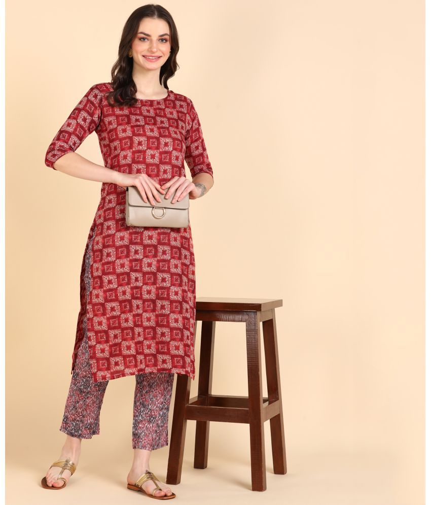     			DSK STUDIO Cotton Blend Printed Kurti With Pants Women's Stitched Salwar Suit - Red ( Pack of 1 )