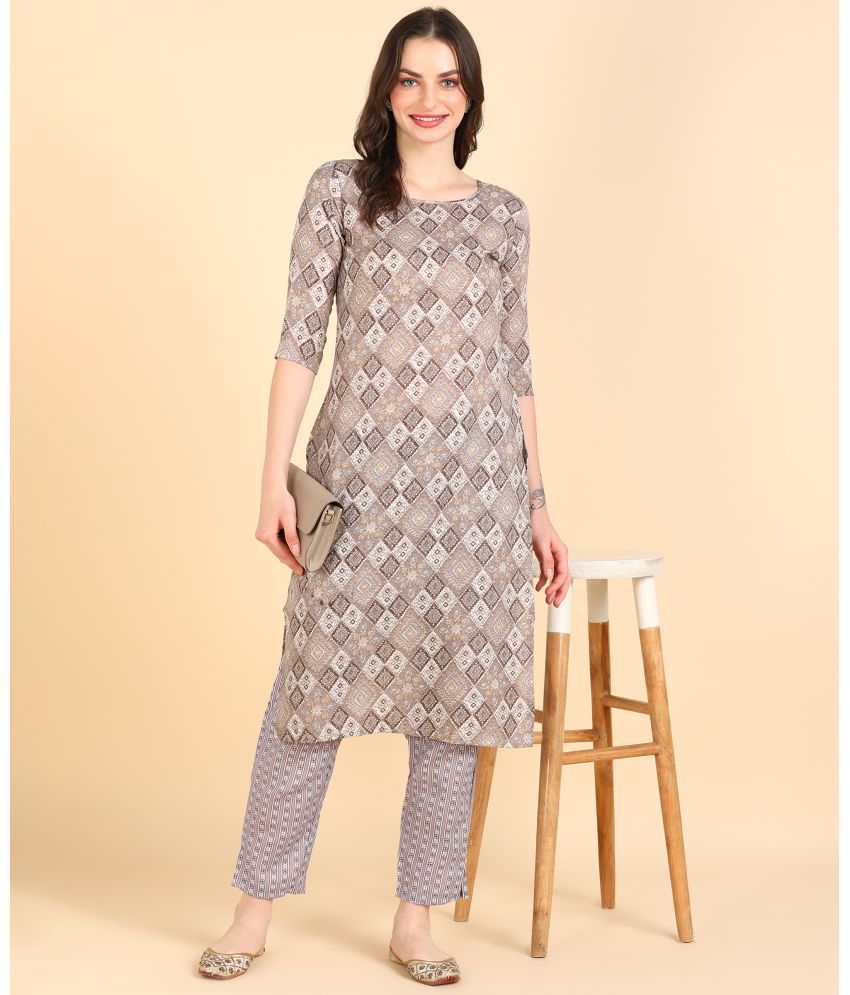     			DSK STUDIO Cotton Blend Printed Kurti With Pants Women's Stitched Salwar Suit - Dark Grey ( Pack of 1 )