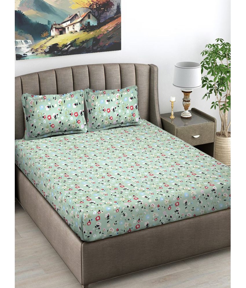     			FABINALIV Poly Cotton Floral 1 Double King Size Bedsheet with 2 Pillow Covers - Light Green