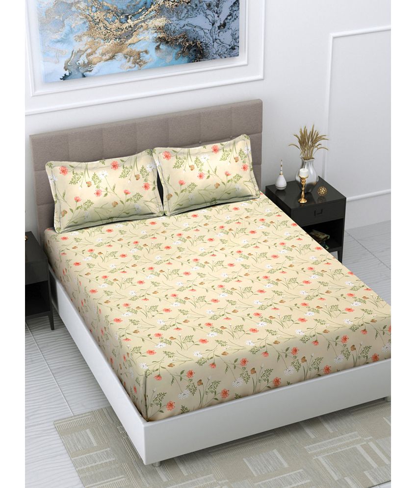     			FABINALIV Poly Cotton Floral 1 Double King Size Bedsheet with 2 Pillow Covers - Yellow