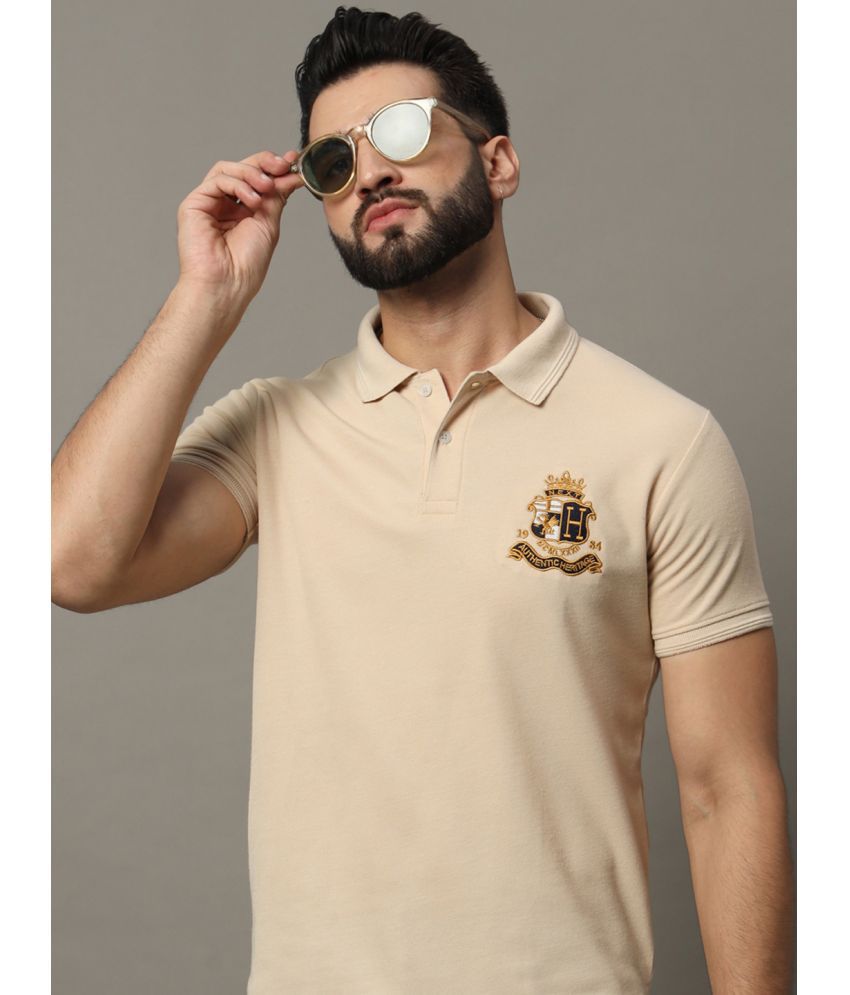     			Hushbucks Cotton Blend Regular Fit Embroidered Half Sleeves Men's Polo T Shirt - Beige ( Pack of 1 )