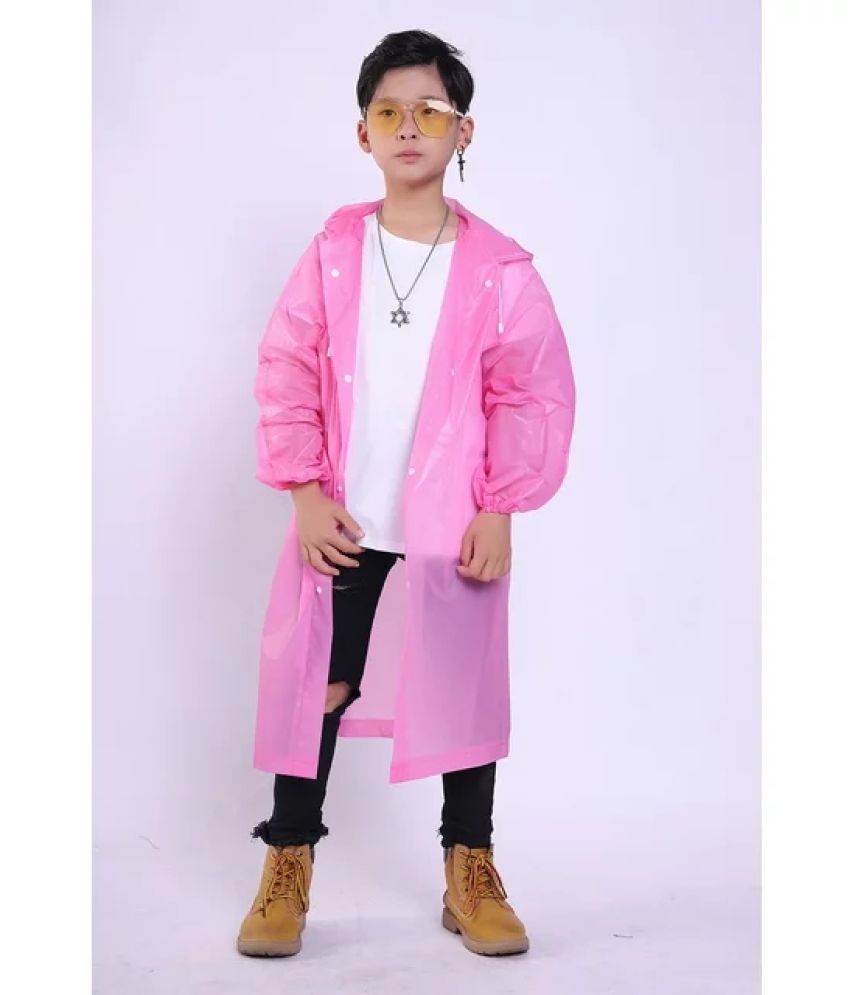     			INFISPACE Kid's Reusable EVA Rain Poncho Raincoat| Rain Jackets Long with Hood Eva Boys Pink Color Raincoat pack of 1-14 - 15 Years