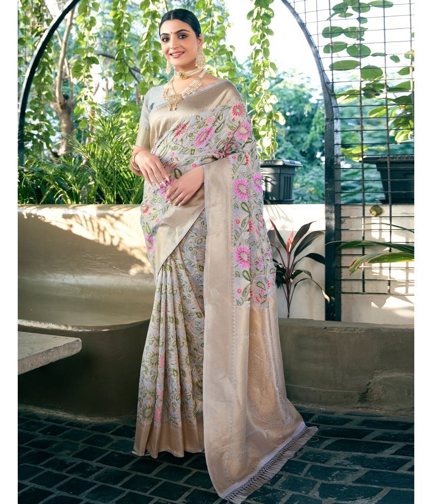     			Satrani Cotton Silk Printed Saree With Blouse Piece - Light Grey ( Pack of 1 )