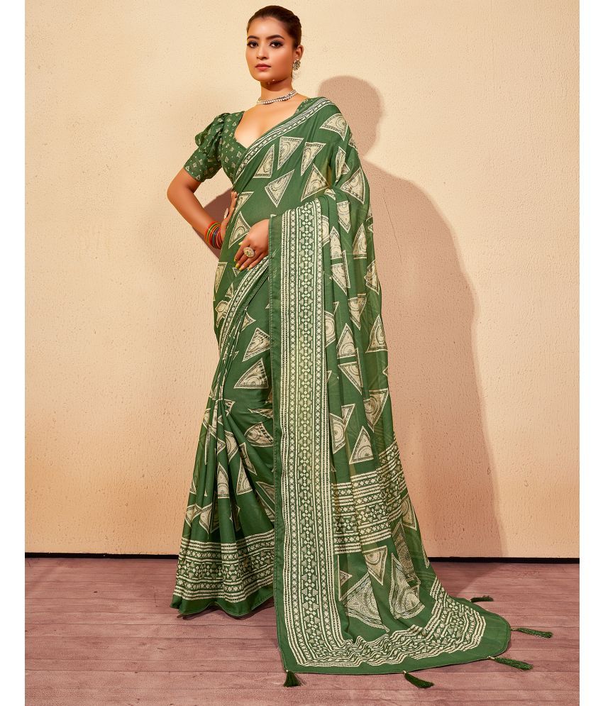     			Satrani Georgette Printed Saree With Blouse Piece - Green ( Pack of 1 )