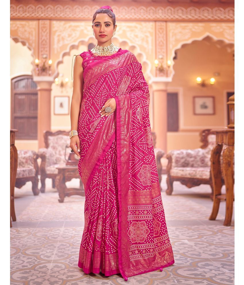     			Satrani Silk Printed Saree With Blouse Piece - Pink ( Pack of 1 )