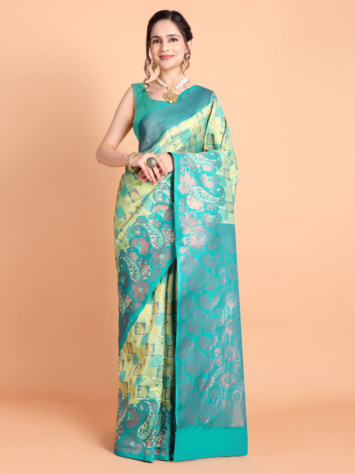     			Taslar Silk Blend Embellished Saree With Blouse Piece - Beige ( Pack of 1 )