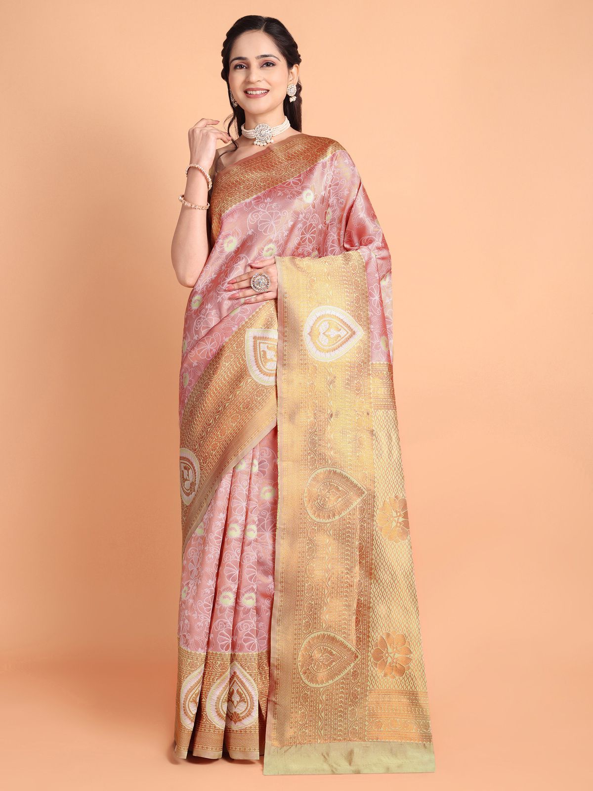     			Taslar Silk Blend Embellished Saree With Blouse Piece - Pink ( Pack of 1 )