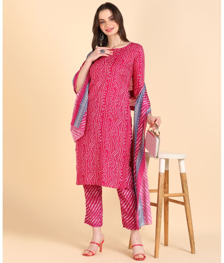     			DSK STUDIO Cotton Blend Printed Kurti With Pants Women's Stitched Salwar Suit - Pink ( Pack of 1 )