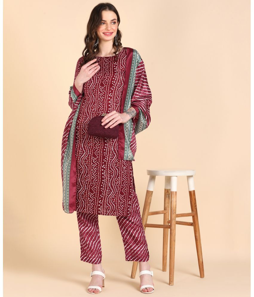     			DSK STUDIO Cotton Blend Printed Kurti With Pants Women's Stitched Salwar Suit - Maroon ( Pack of 1 )