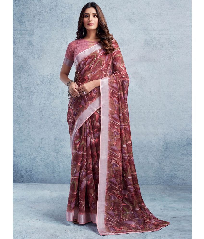     			Samah Linen Printed Saree With Blouse Piece - Wine ( Pack of 1 )