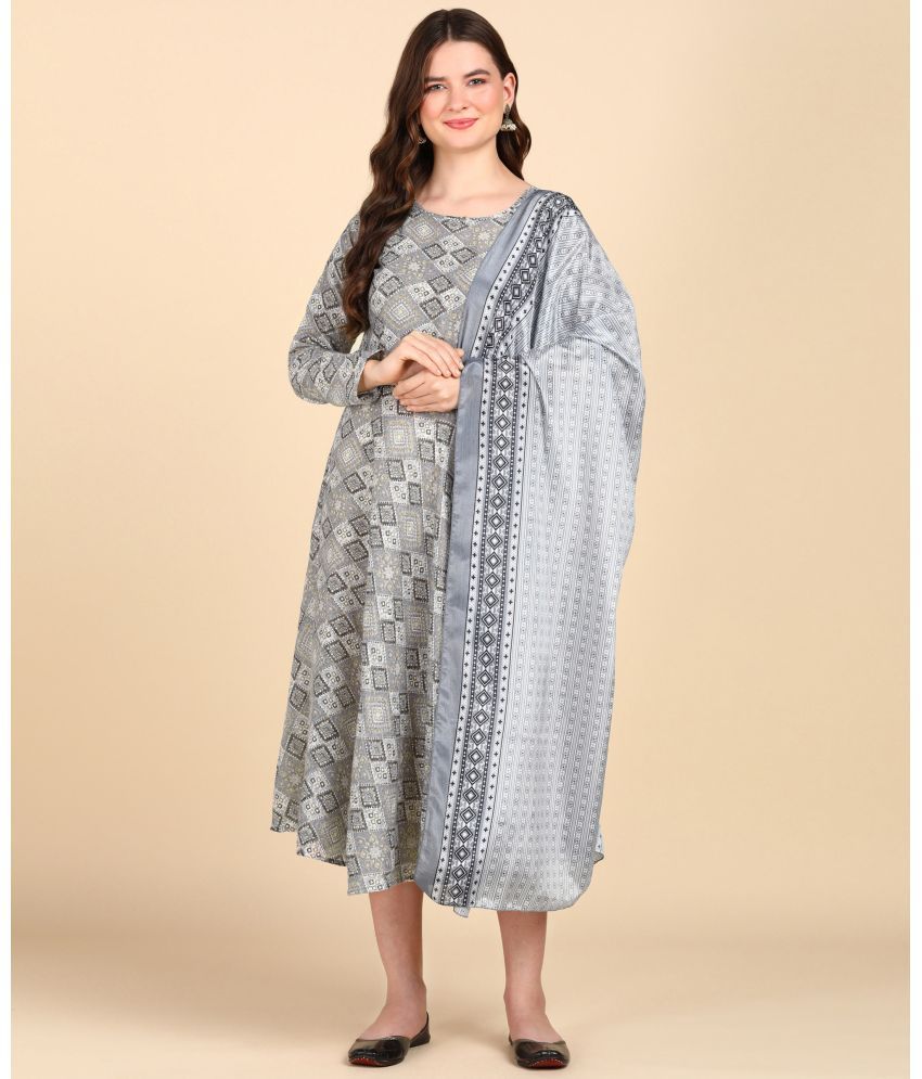     			DSK STUDIO Cotton Blend Printed Anarkali Women's Kurti with Dupatta - Light Grey ( Pack of 1 )