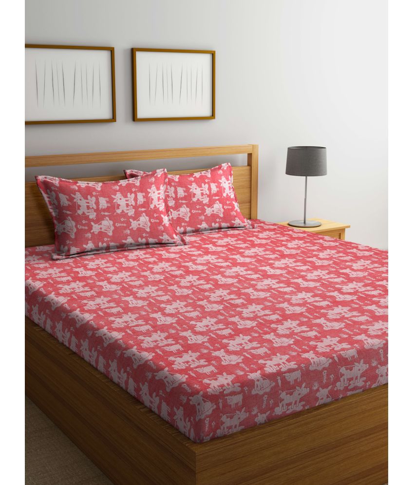     			FABINALIV Cotton Animal 1 Double Bedsheet with 2 Pillow Covers - Red