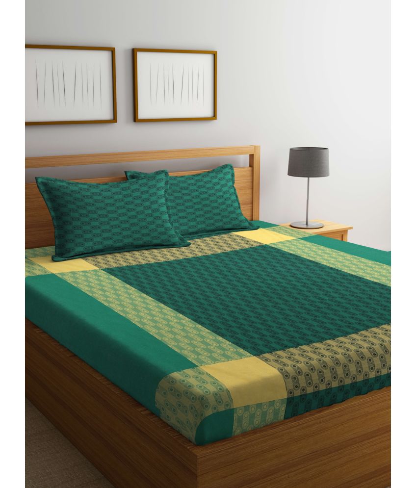     			FABINALIV Cotton Geometric 1 Double Bedsheet with 2 Pillow Covers - Green