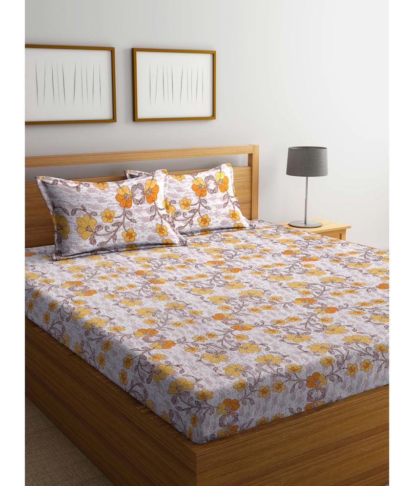     			FABINALIV Poly Cotton Floral 1 Double King Size Bedsheet with 2 Pillow Covers - Beige