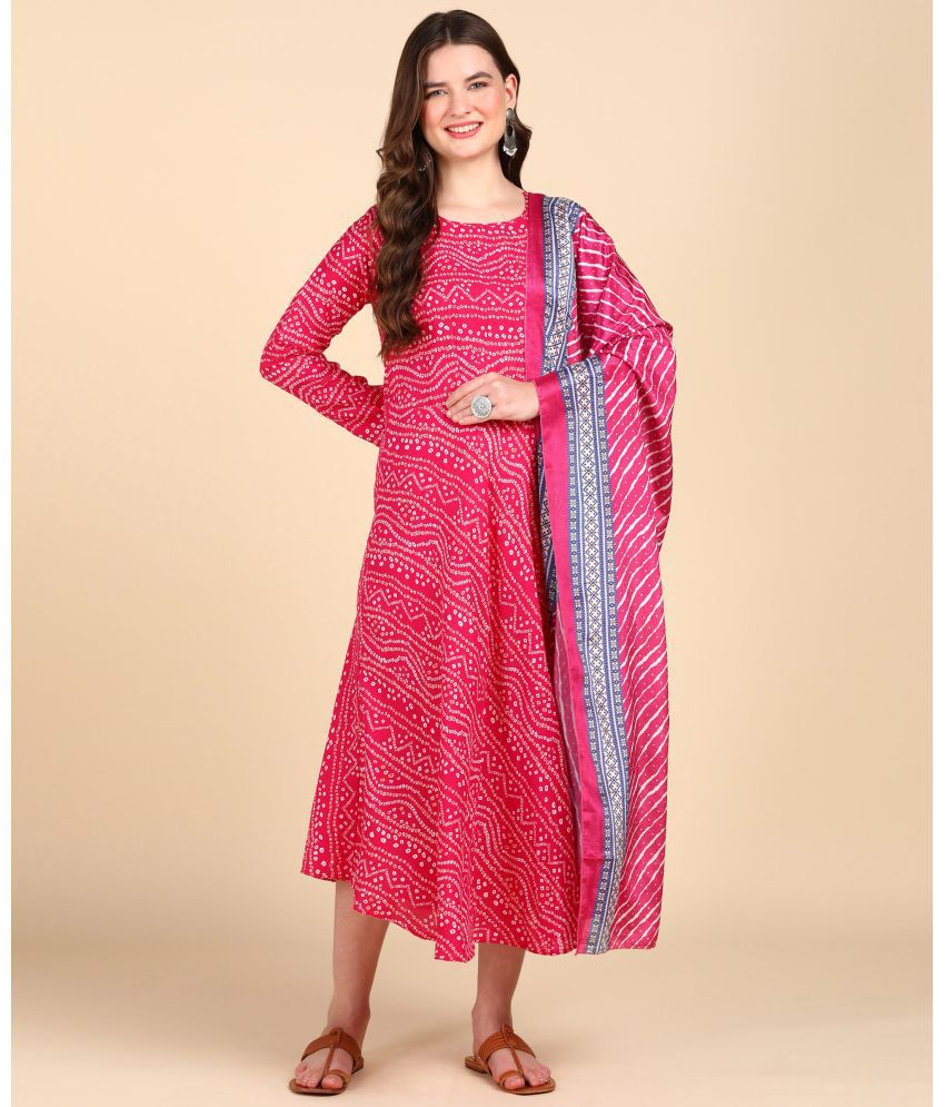     			Hiva Trendz Cotton Blend Printed Anarkali Women's Kurti with Dupatta - Pink ( Pack of 1 )