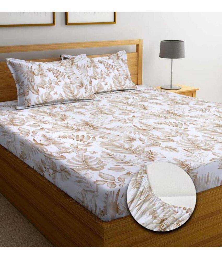     			SHOMES Cotton Floral Fitted 1 Bedsheet with 2 Pillow Covers ( Double Bed ) - White