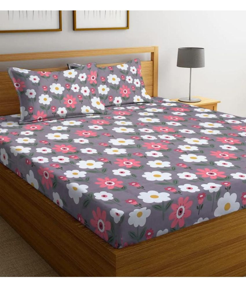     			SHOMES Cotton Floral Fitted 1 Bedsheet with 2 Pillow Covers ( Double Bed ) - Dark Grey