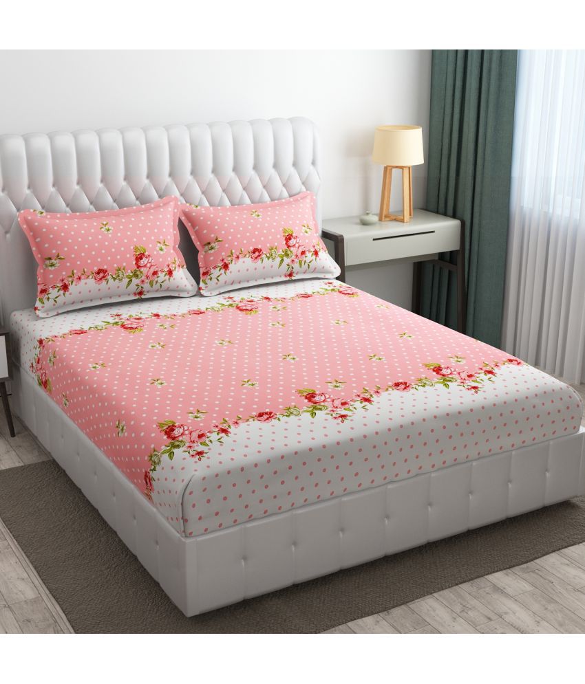     			SHOMES Cotton Polka Dots Fitted 1 Bedsheet with 2 Pillow Covers ( Double Bed ) - Pink