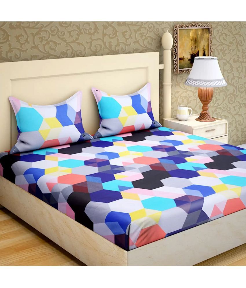     			Shaphio Microfiber Geometric 1 Double Bedsheet with 2 Pillow Covers - Blue
