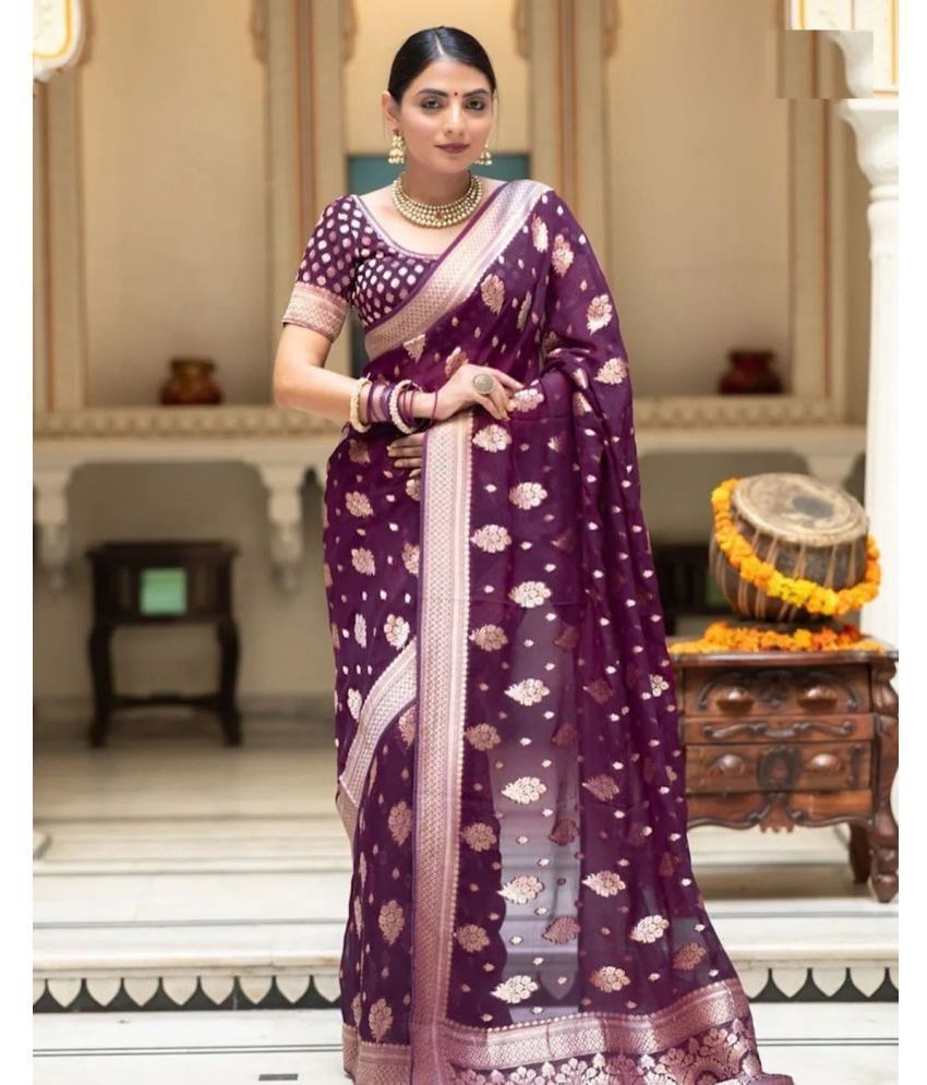     			Apnisha Silk Embellished Saree With Blouse Piece - Purple ( Pack of 1 )