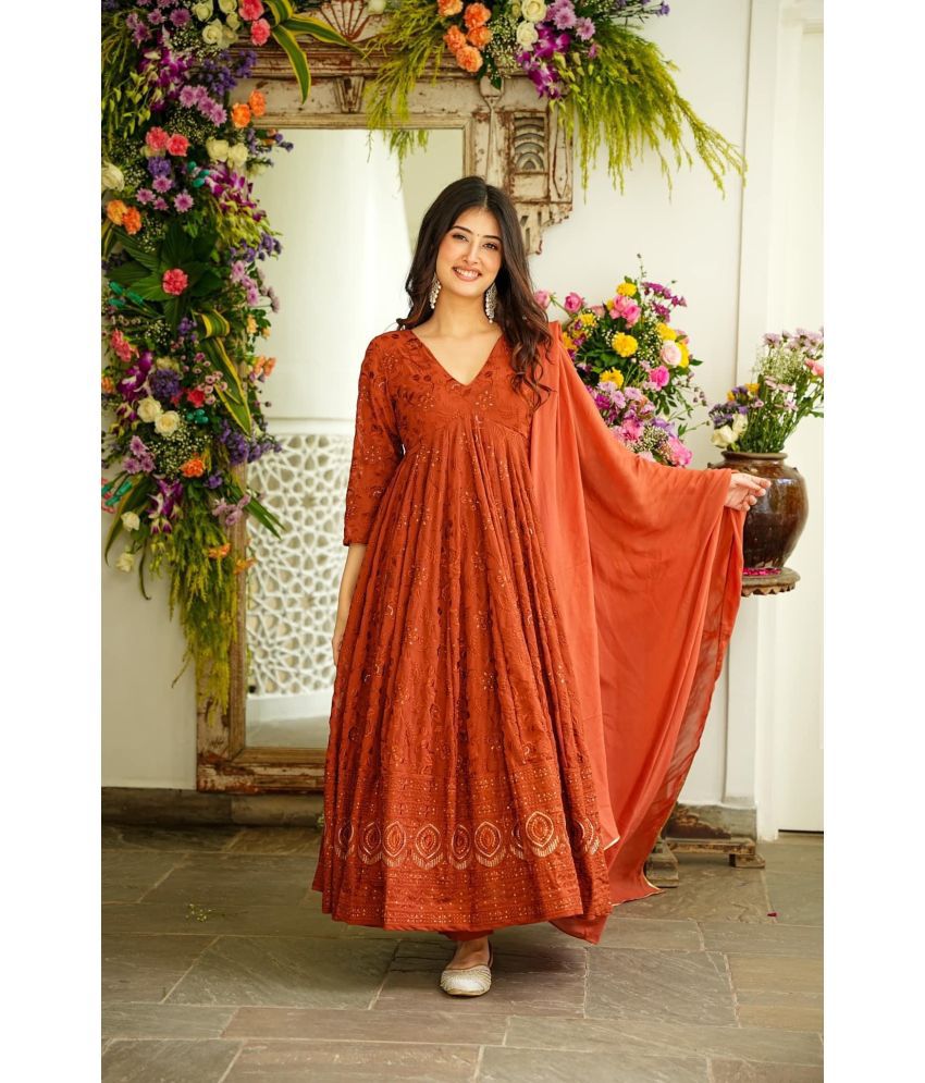     			Estela Georgette Embroidered Kurti With Pants Women's Stitched Salwar Suit - Orange ( Pack of 1 )