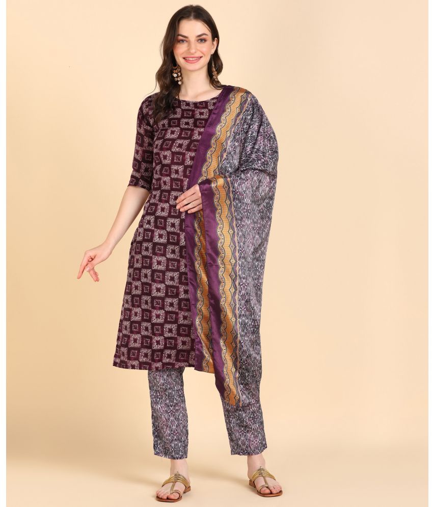     			Hiva Trendz Cotton Blend Printed Kurti With Pants Women's Stitched Salwar Suit - Wine ( Pack of 1 )